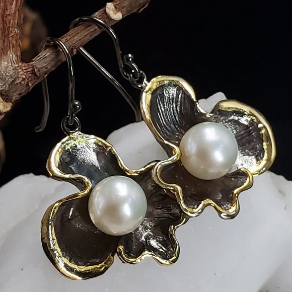 Solid Sterling Silver 925/18K Gold/Black Rhodium Large Freshwater Pearl - Picture 7 of 9